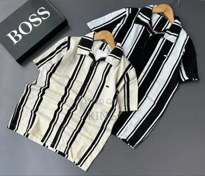 Short-Sleeve, Vertical-Striped Cuban Collar Shirts