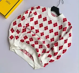Red-and-White Diamond/Heart Argyle Jacquard Crewneck Sweater