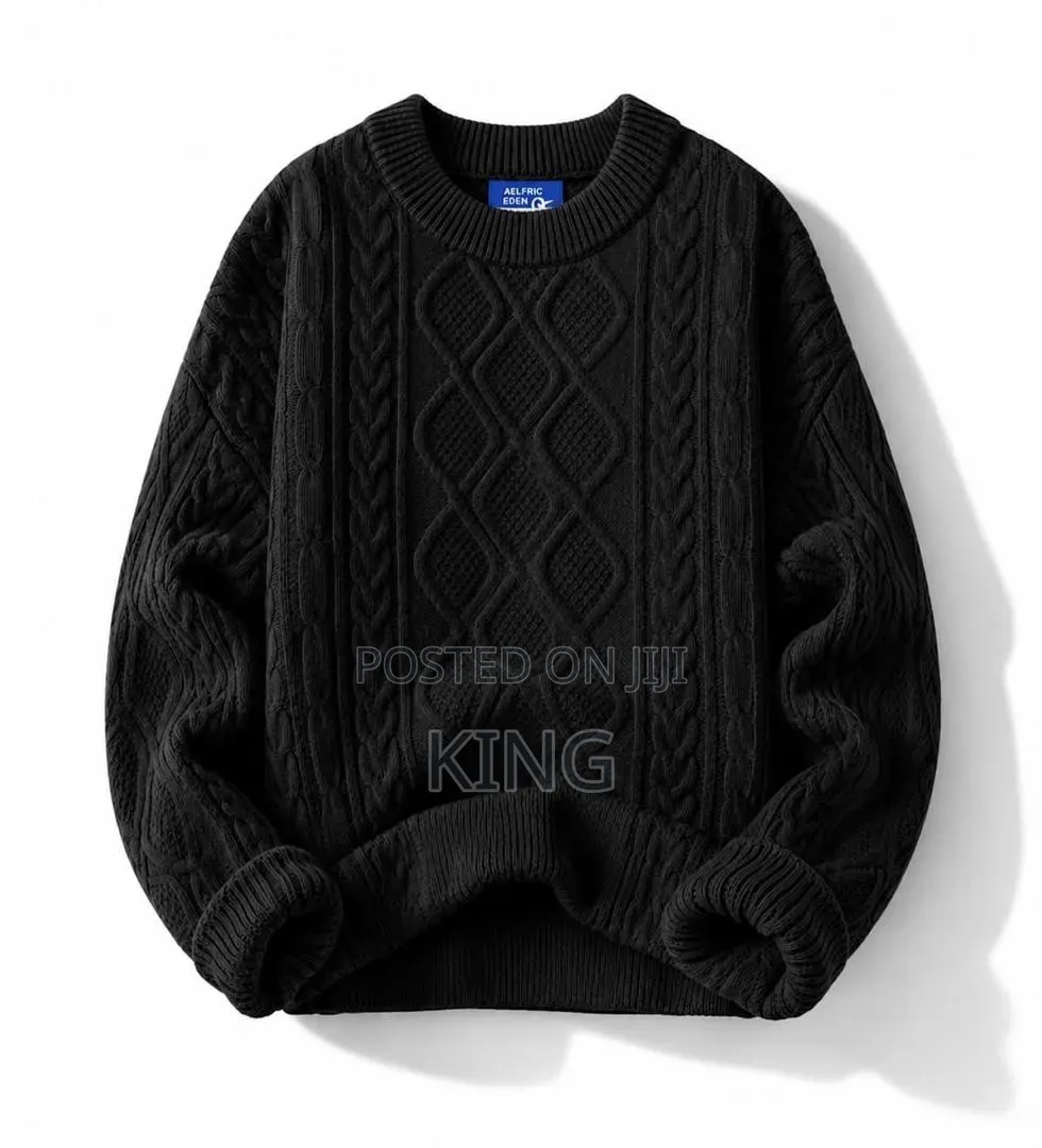 Black Aelfric Eden Cable Knit Crewneck Pullover Sweater