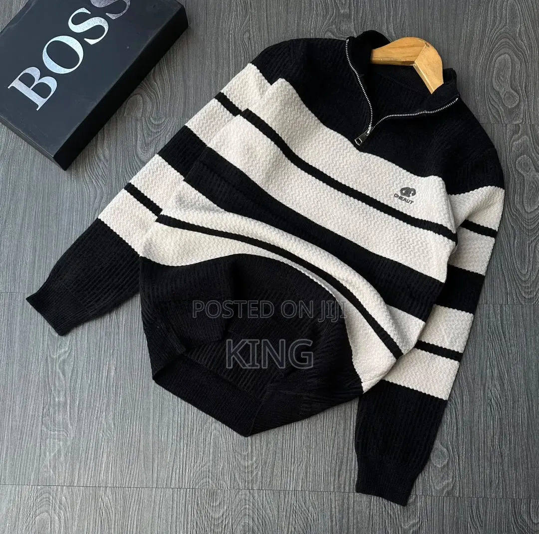 Men's Striped Half-Zip/Quarter-Zip Wooly Sweater