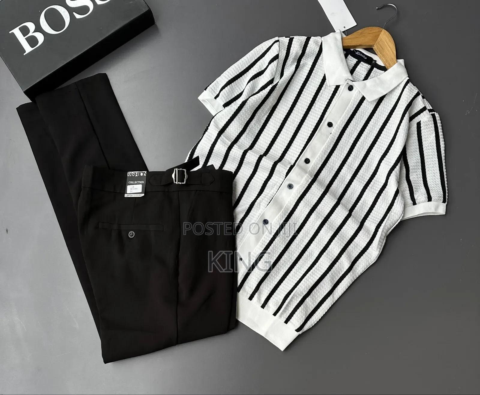 Smart-Casual Men's Two-Piece Outfit Combos. Knit Shirt, Beltless Pants