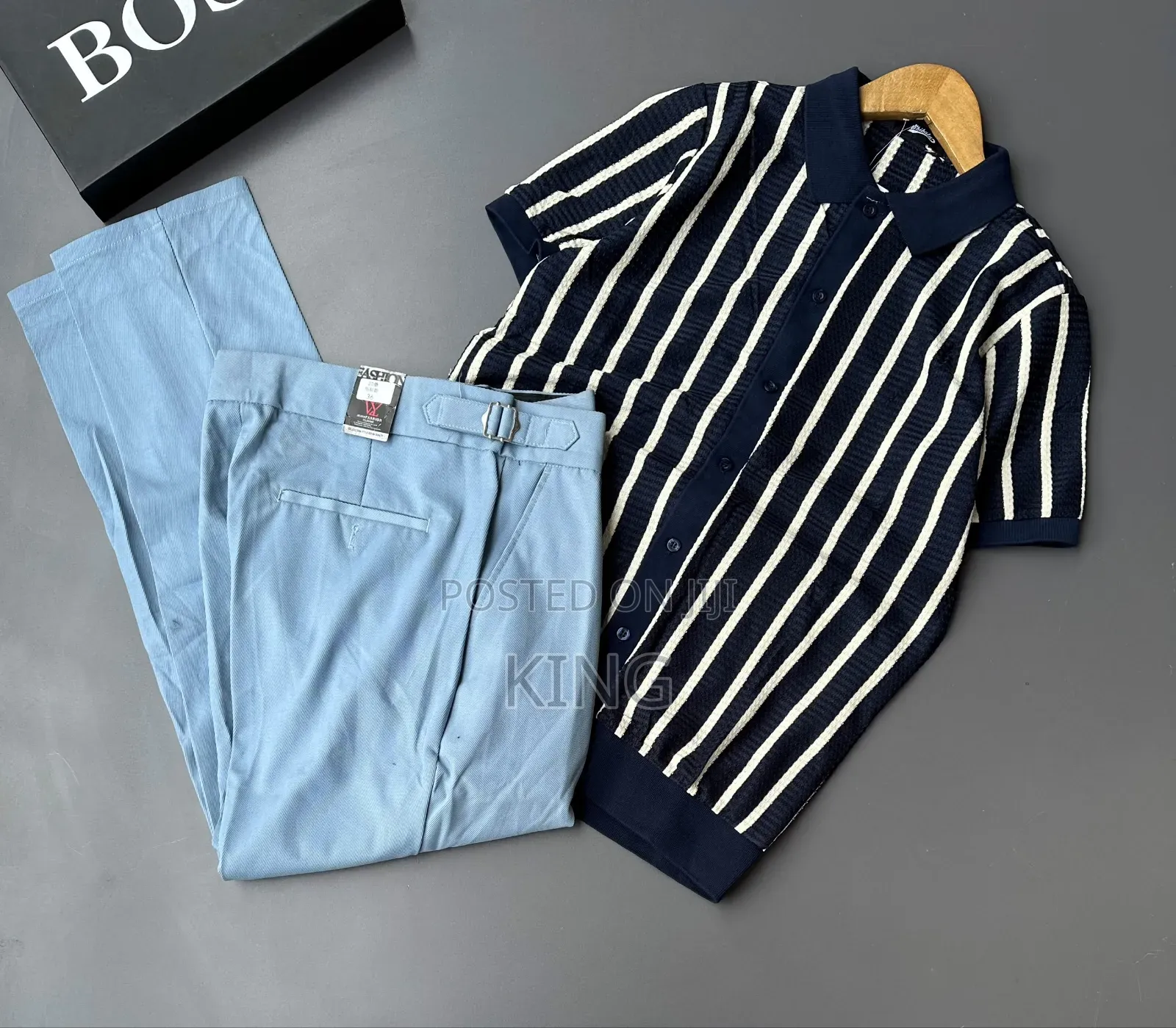 Smart-Casual Men's Two-Piece Outfit Combos. Knit Shirt, Beltless Pants