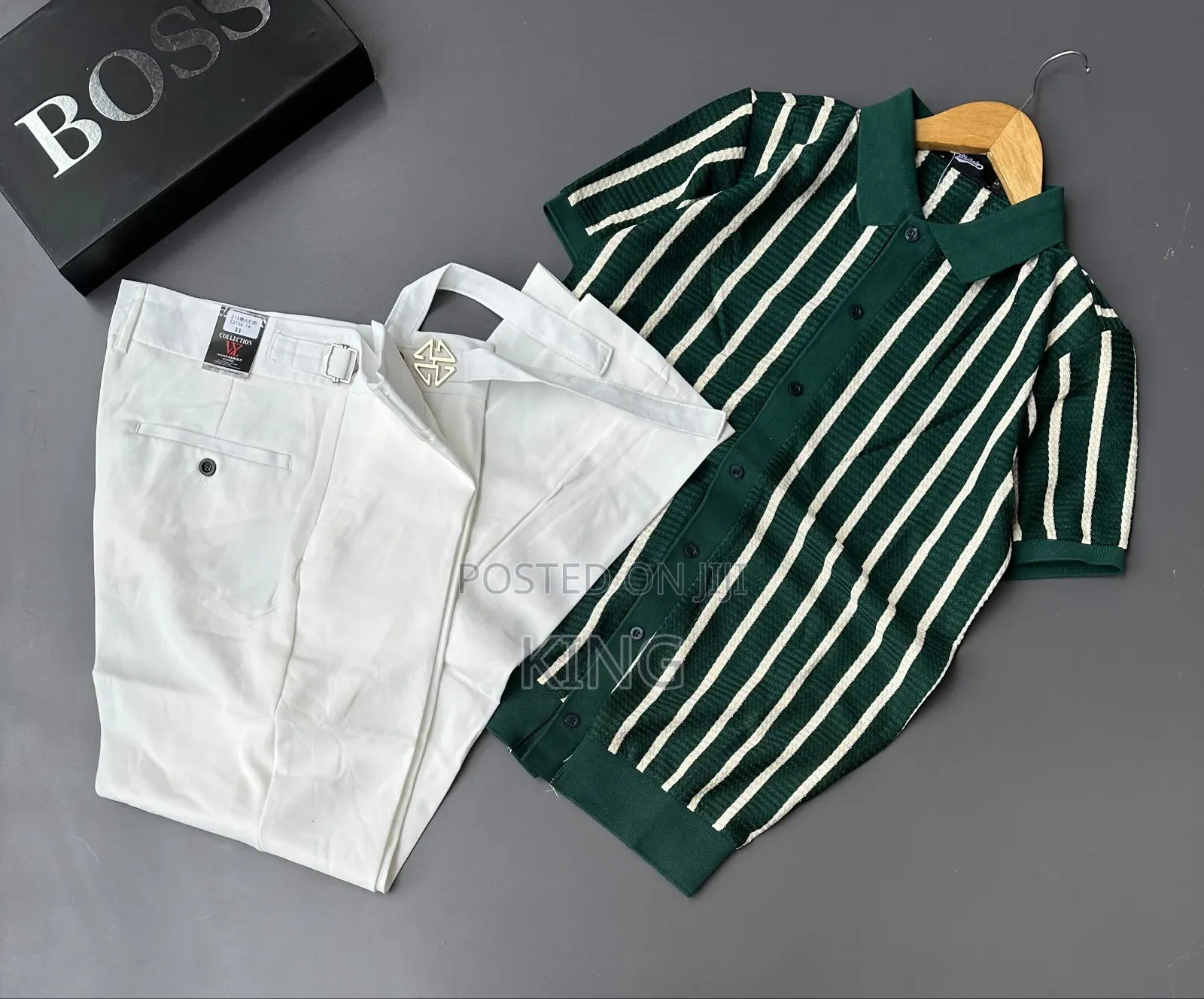 Smart-Casual Men's Two-Piece Outfit Combos. Knit Shirt, Beltless Pants
