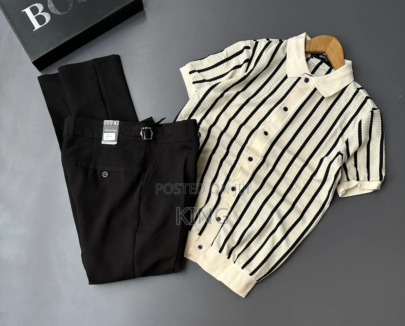 Smart-Casual Men's Two-Piece Outfit Combos. Knit Shirt, Beltless Pants
