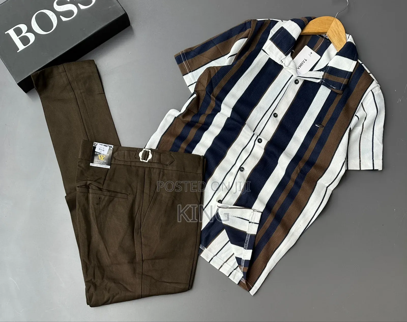 Smart-Casual Men's Two-Piece Outfit Combos. Knit Shirt, Beltless Pants