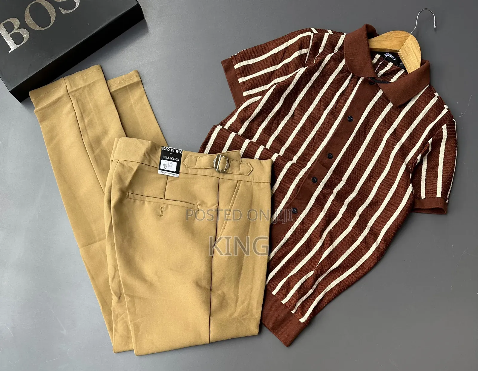 Smart-Casual Men's Two-Piece Outfit Combos. Knit Shirt, Beltless Pants