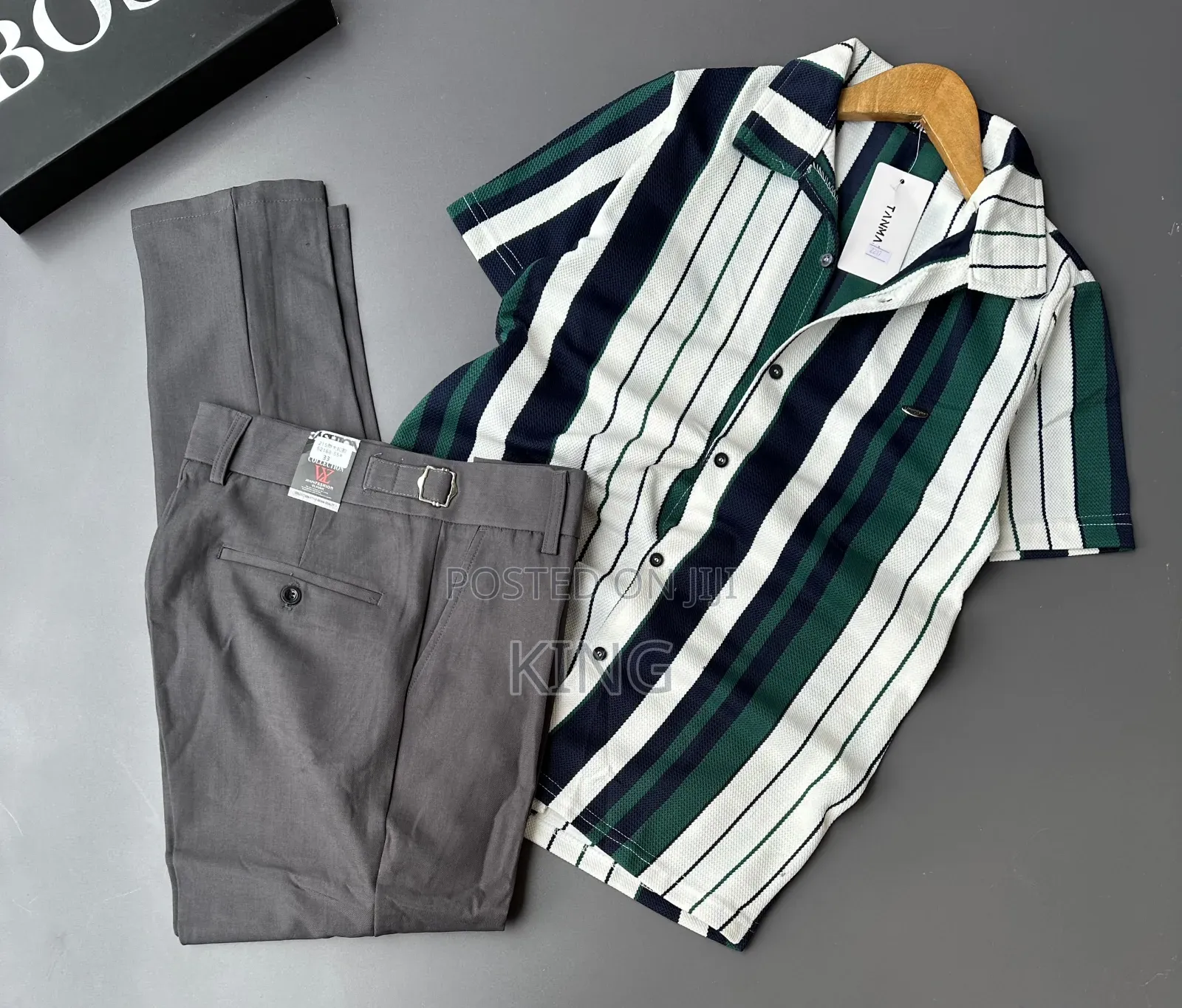 Smart-Casual Men's Two-Piece Outfit Combos. Knit Shirt, Beltless Pants