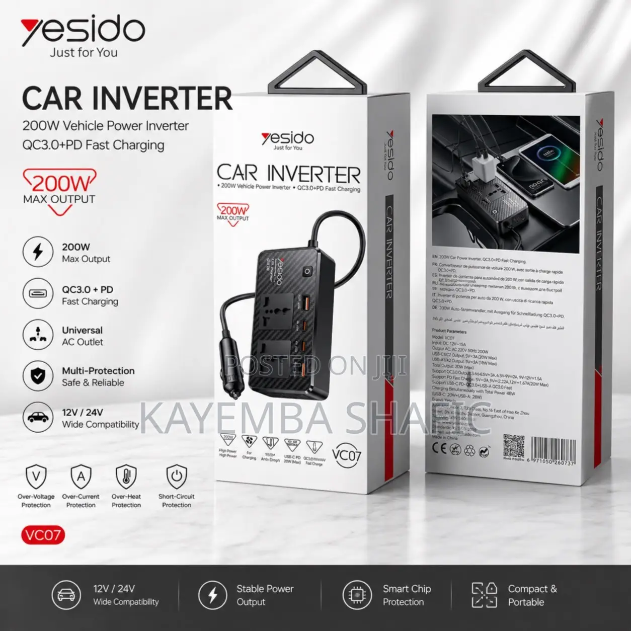 Yesido VC07 200W Car Power Inverter DC 12V to AC 220V Fast Charger