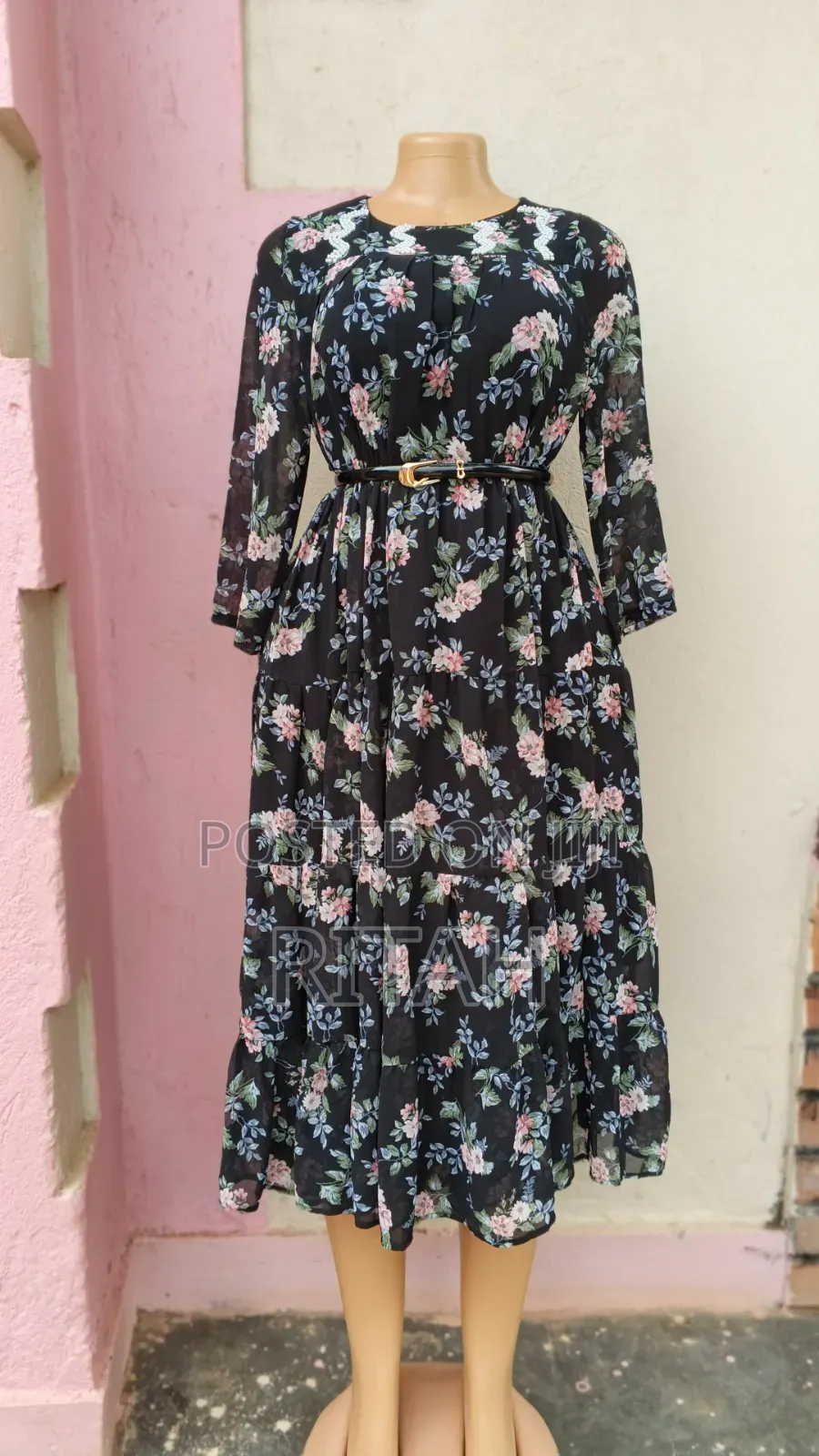 Elegant Black Floral Midi Dress for Sale