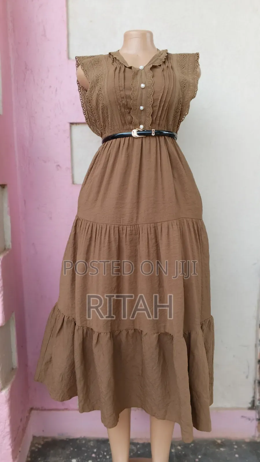 Elegant Brown Sleeveless Midi Dress With Lace Details