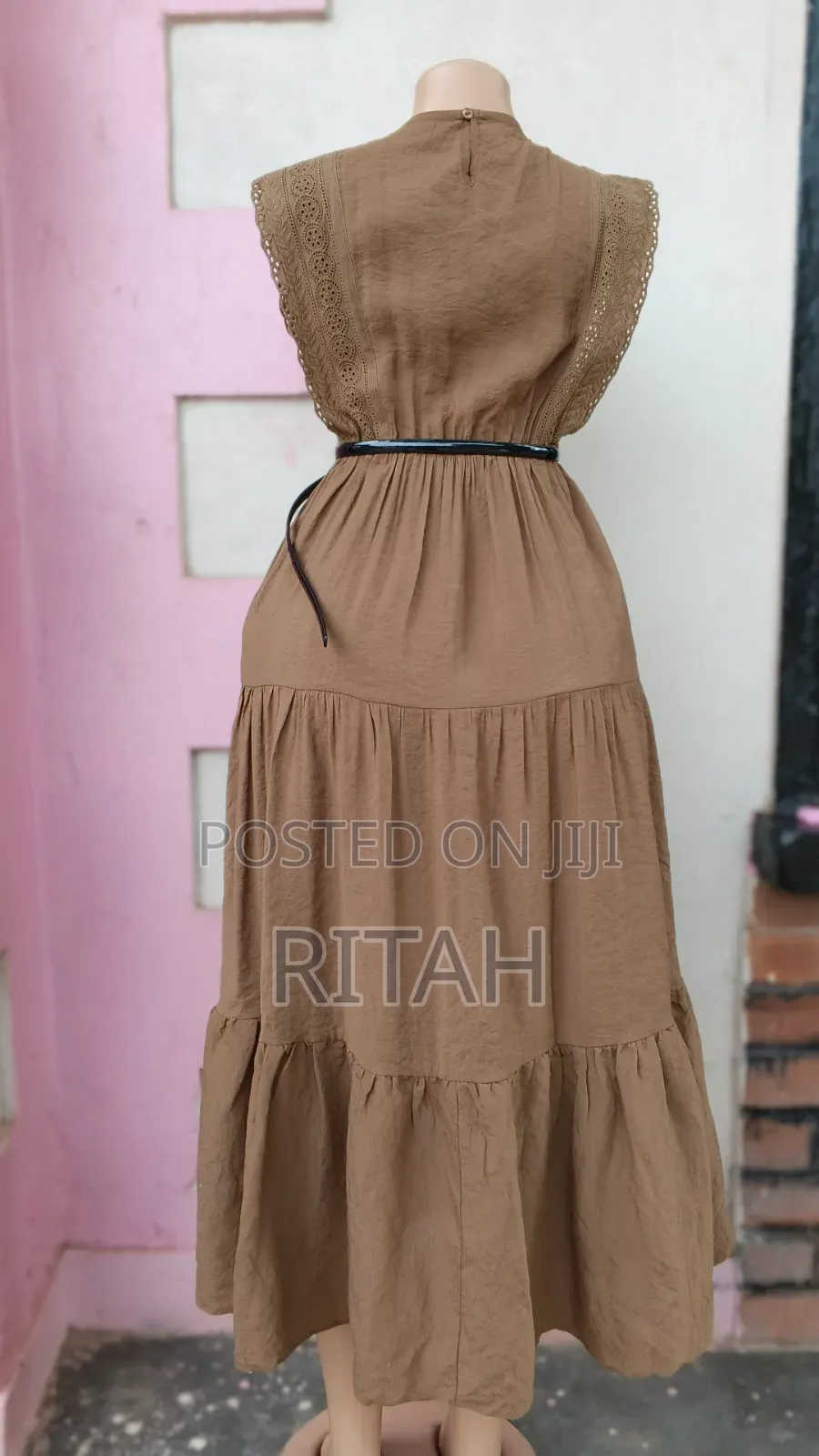 Elegant Brown Sleeveless Midi Dress With Lace Details