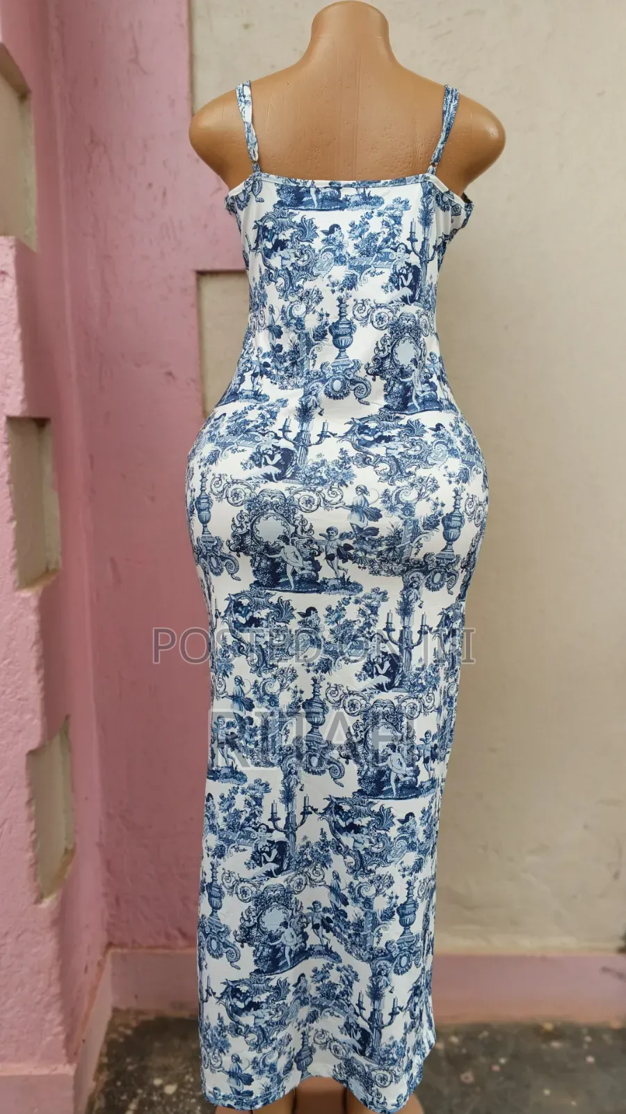 Elegant Blue and White Printed Bodycon Midi Dress
