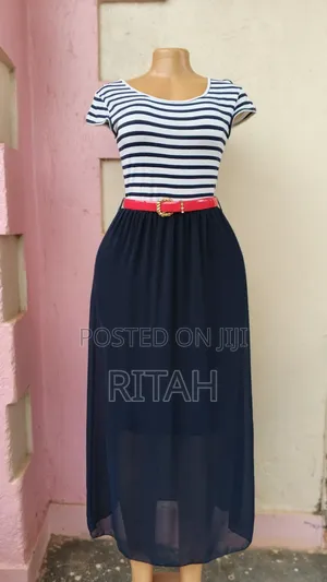 Stylish Navy Blue & White Striped Maxi Dress