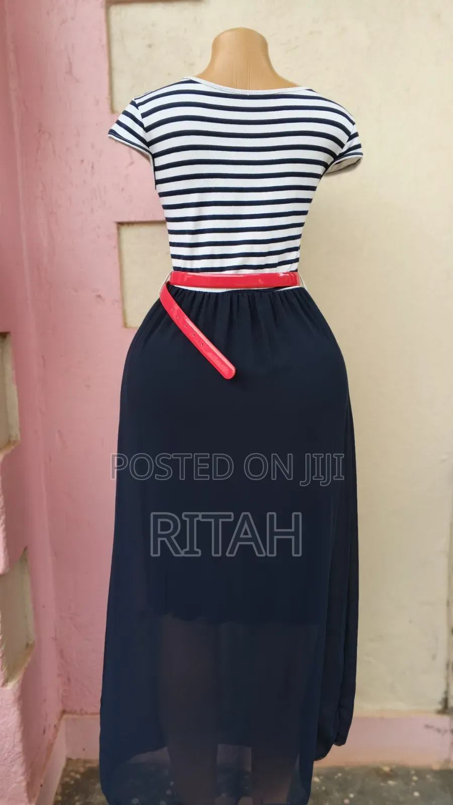Stylish Navy Blue & White Striped Maxi Dress