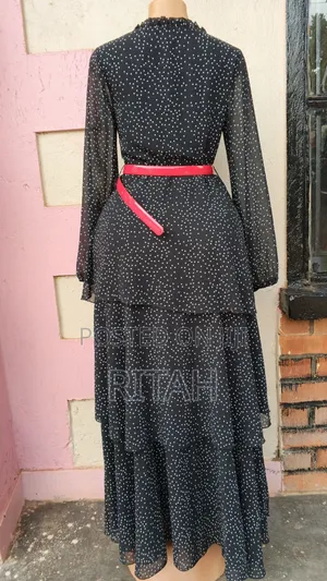 Elegant Black and White Polka Dot Maxi Dress With Long Sleeves