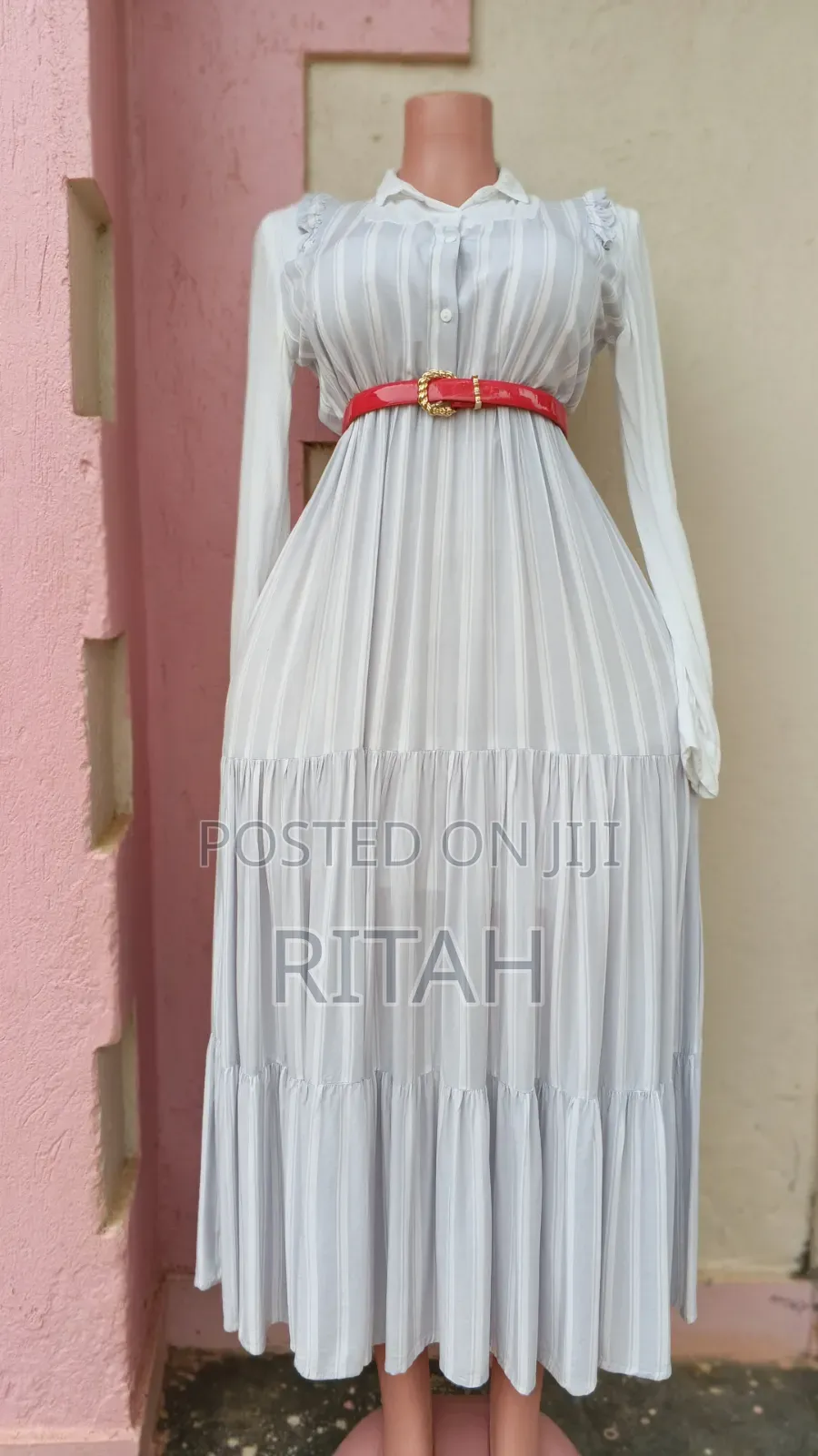 Elegant White Striped Tiered Midi Dress
