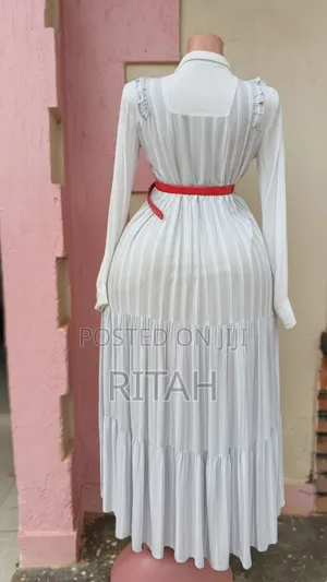 Elegant White Striped Tiered Midi Dress