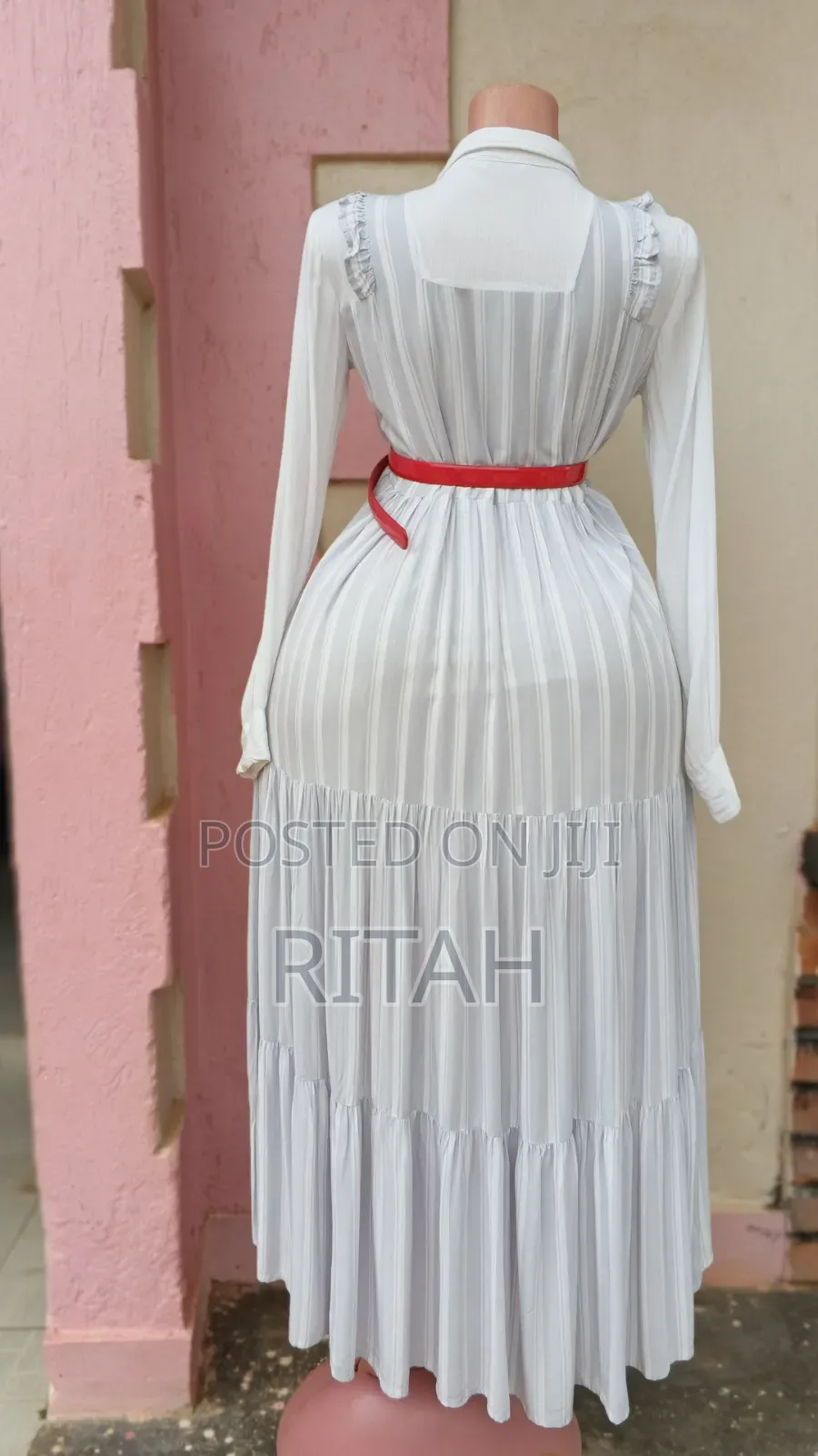 Elegant White Striped Tiered Midi Dress