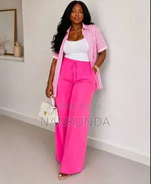 Ladies Stripped 3-Pieces Linen Set- Wide Lag Pant