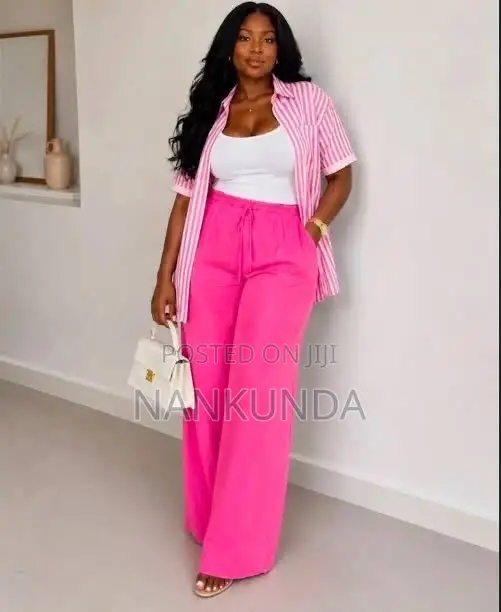 Ladies Stripped 3-Pieces Linen Set- Wide Lag Pant