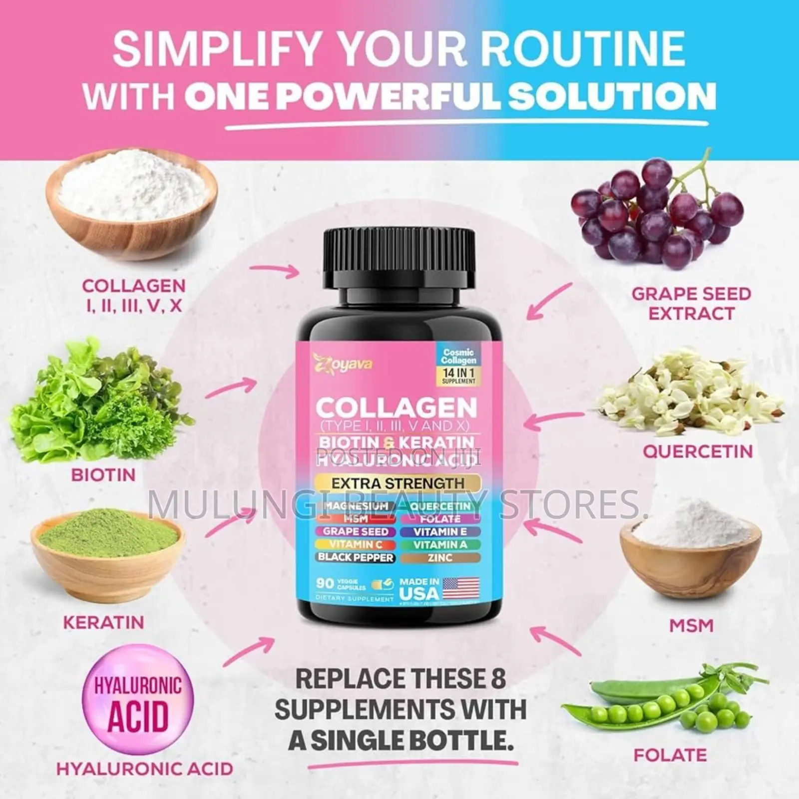 Zoyava Multi Collagen Peptides Capsules 14-in-1Extra Strength USA 