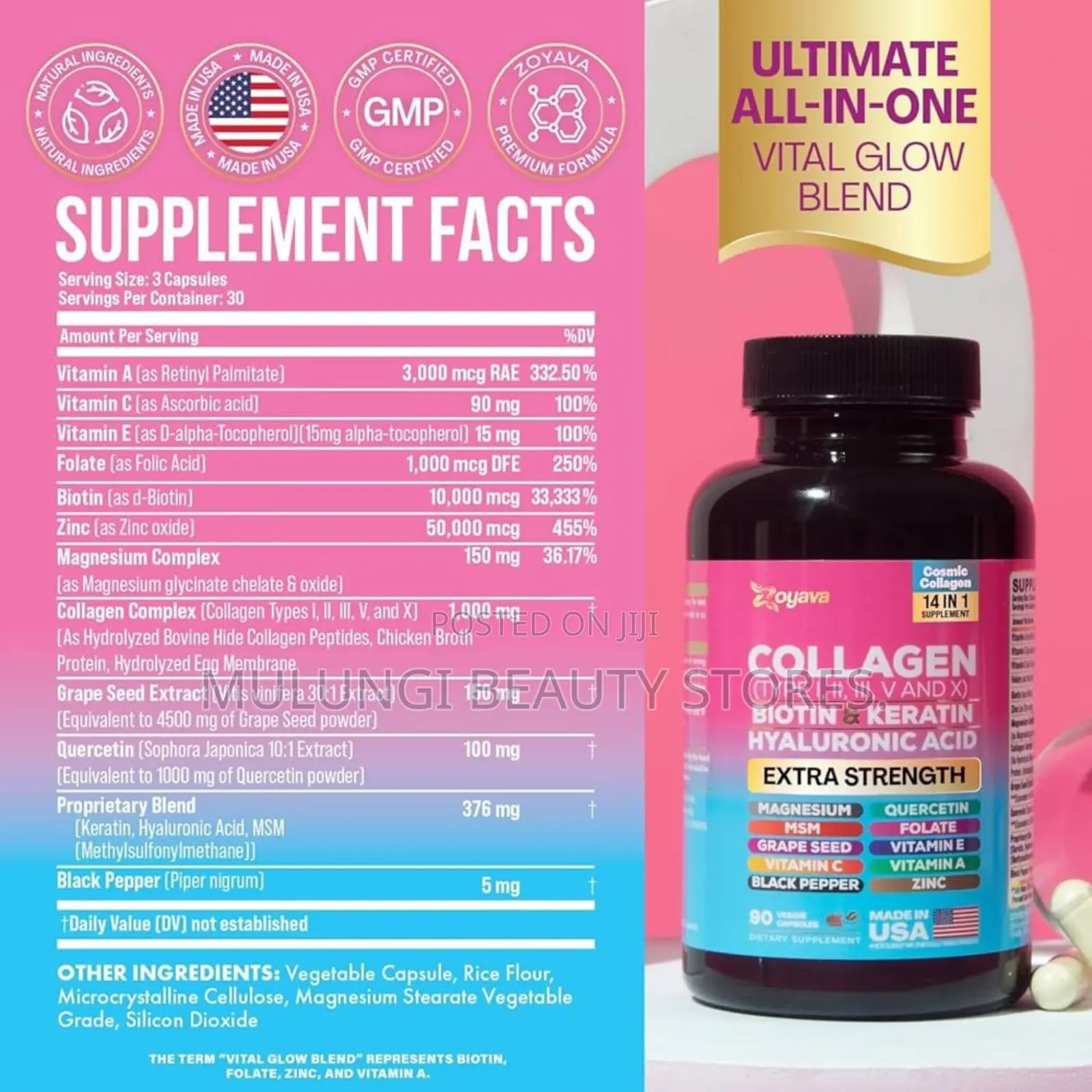 Zoyava Multi Collagen Peptides Capsules 14-in-1Extra Strength USA 