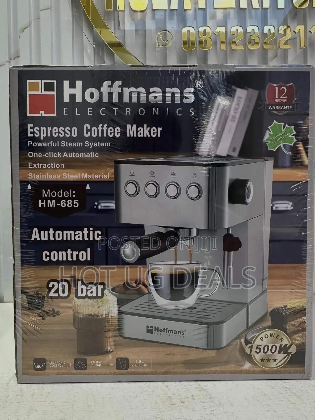 Hoffmans Espresso Coffee Maker– 20 Bar High-Pressure Pump, 1500W, 1.8L