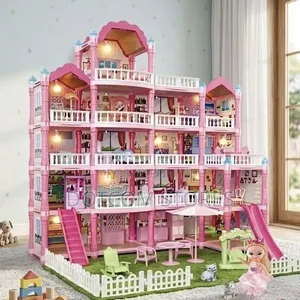 Multi-Story Pink Princess Castle and Villa DIY Dollhouse Playset