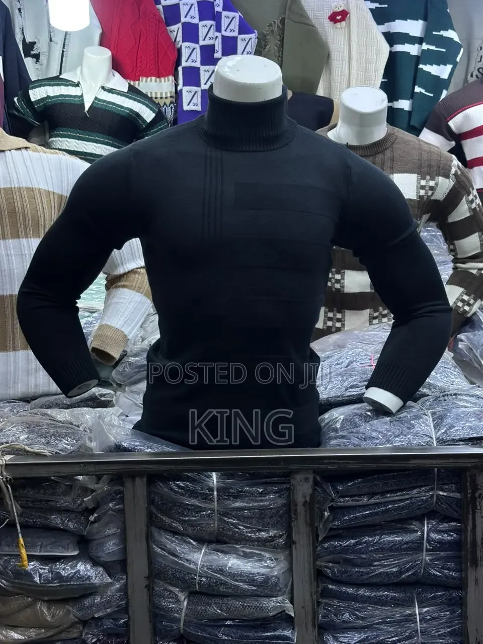 Men's Black Slim-Fit Turtleneck / High-Neck Knitted Thermal Sweater