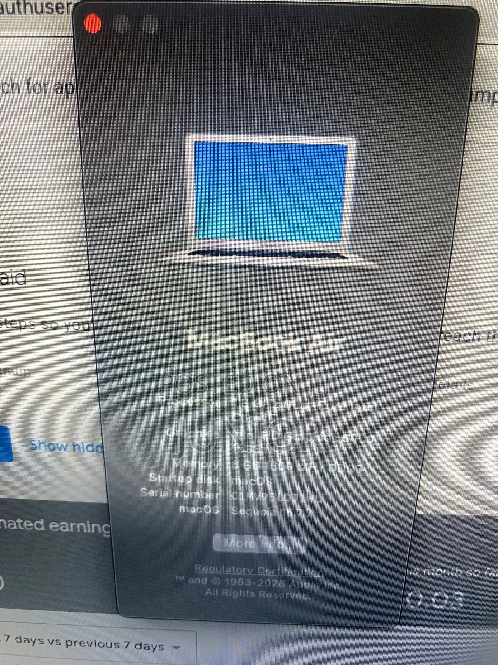 Laptop Apple MacBook Air 8GB Intel Core i5 SSD 256GB