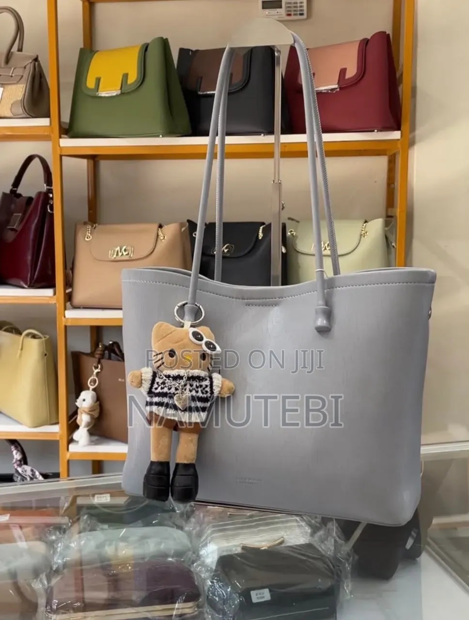Cocy Leather Office Tote Bag Decorated With a Cute Teddy Bear Charm.