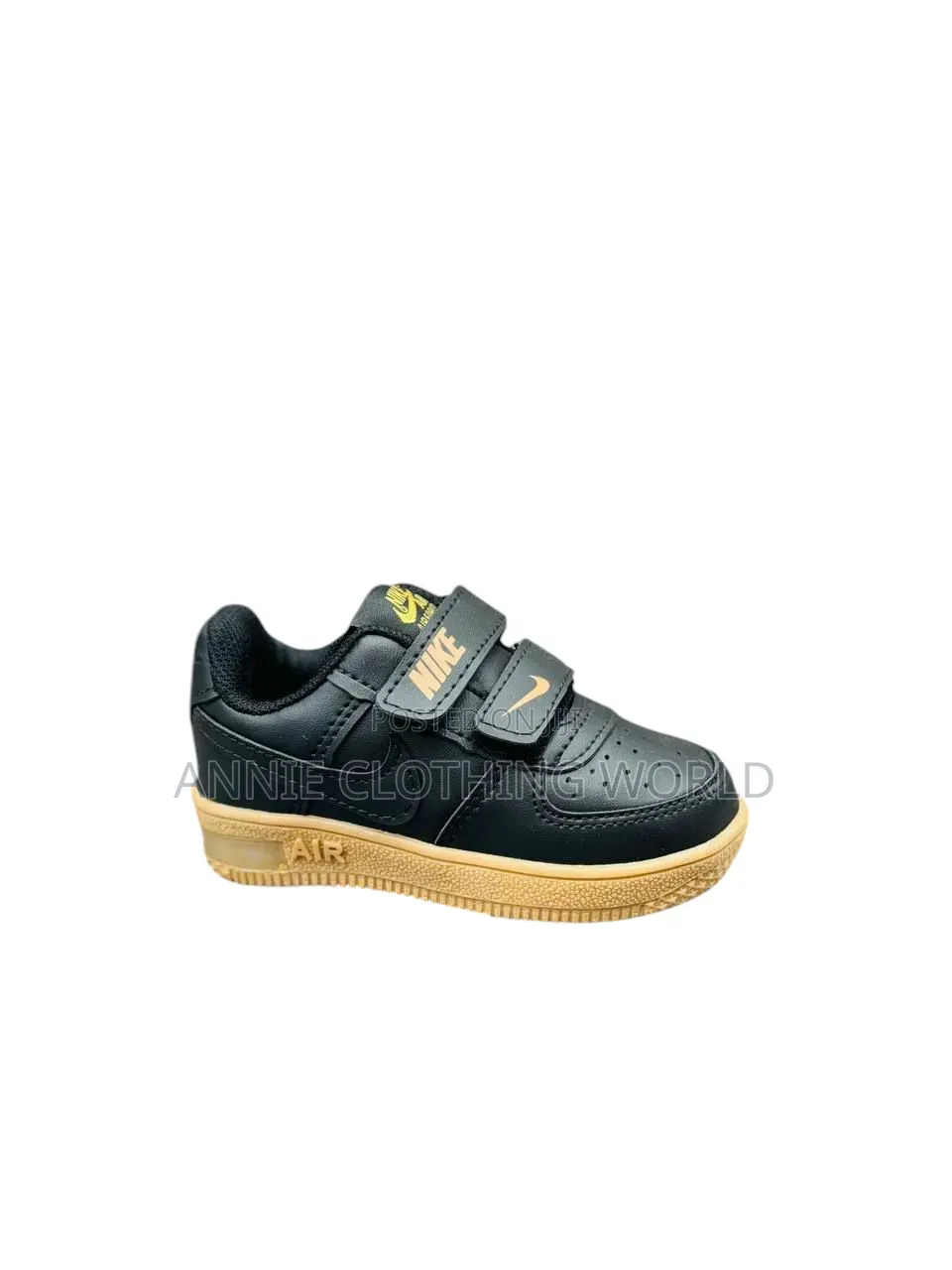 Kids Nike AF1 - Gold NIKE Logo - Double Velcro Strap - Sizes 30 to 35