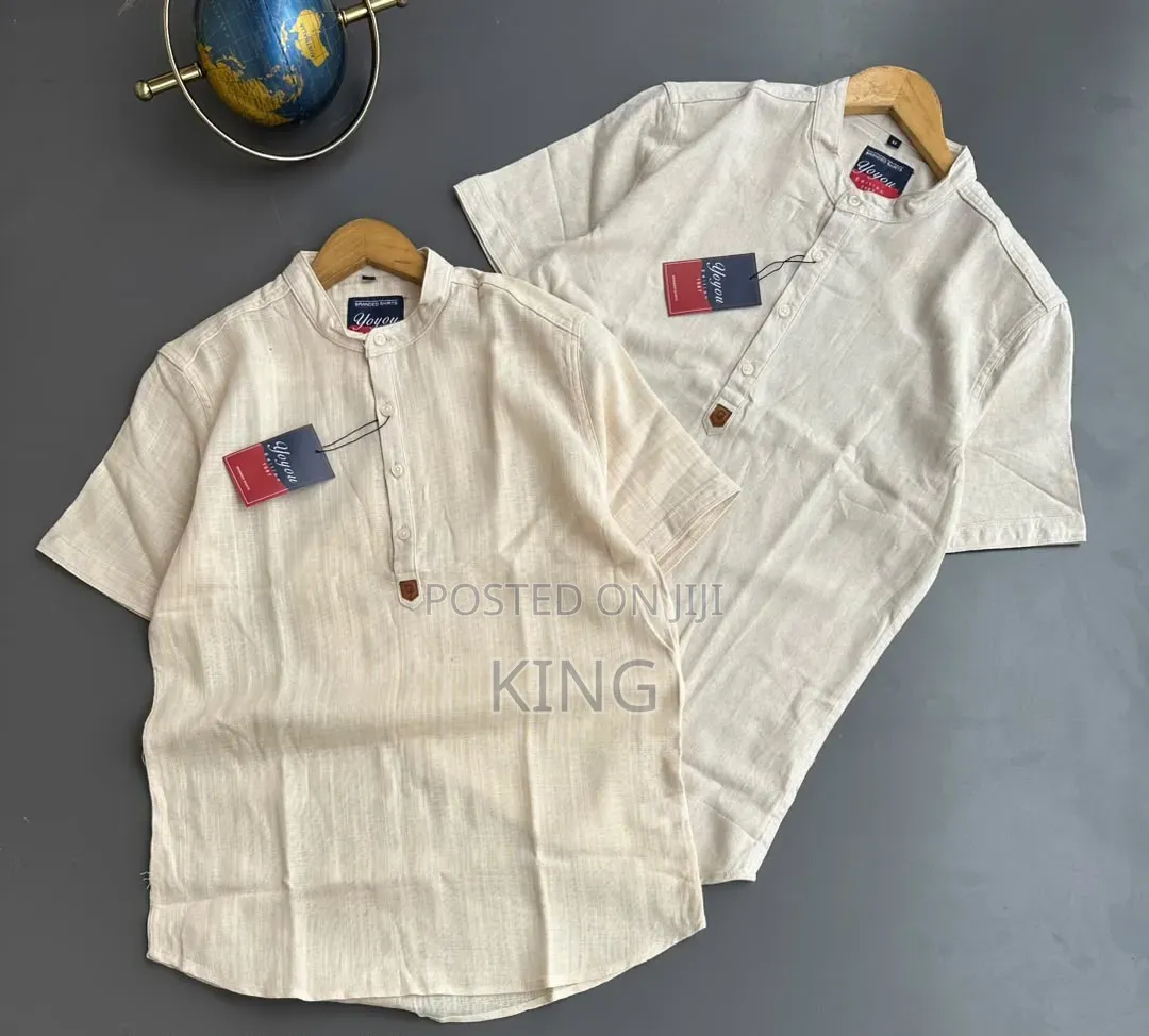 Band/Mandarin Collar, a Short Linen Button Placket Shirt