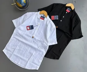 Band/Mandarin Collar, a Short Linen Button Placket Shirt
