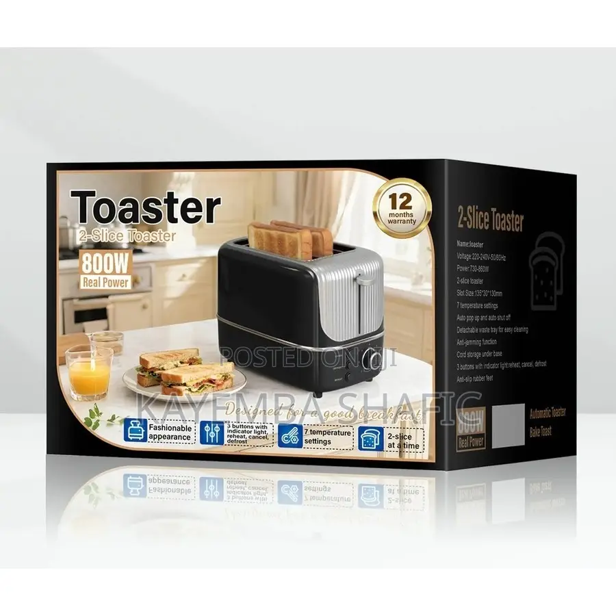 Brand New 800W Electric 2-Slice Pop-Up Bread Toaster Black