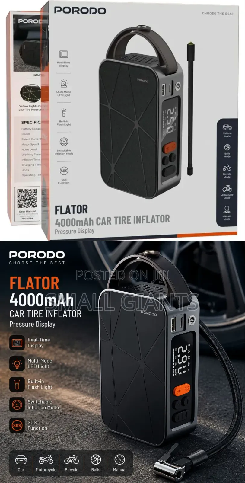 Porodo Flator 4000mAh Portable Car Tire Inflator