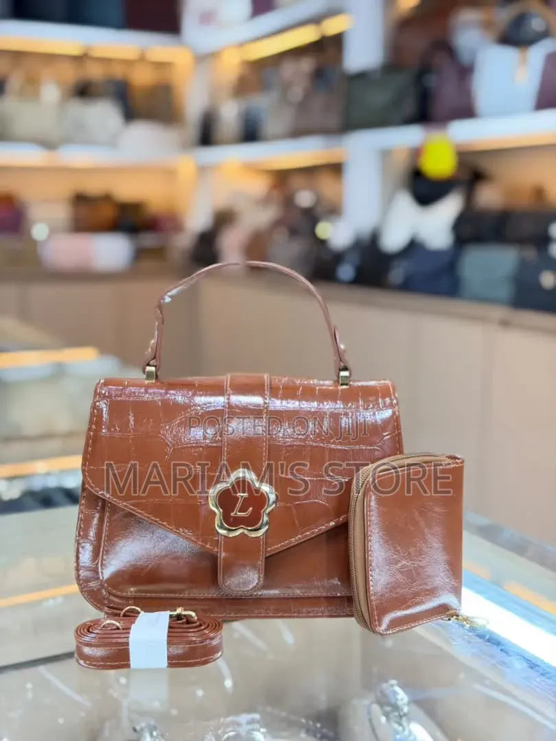 Brown, Crocodile-Embossed Faux-Leather Handbag Set