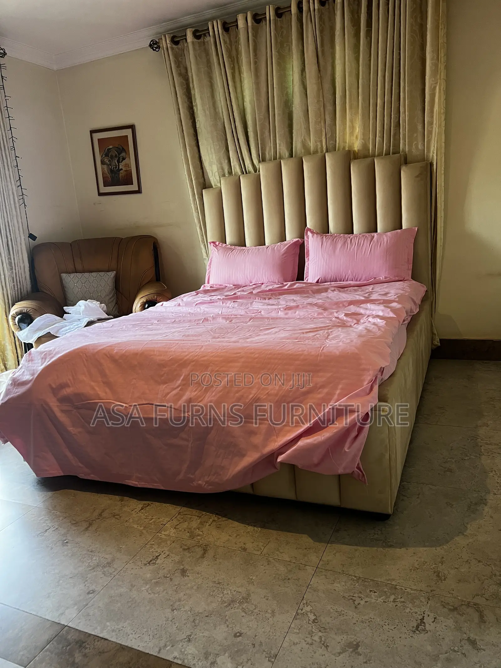 Beige Velvet Channel Bed /5by6 Hotel Bed
