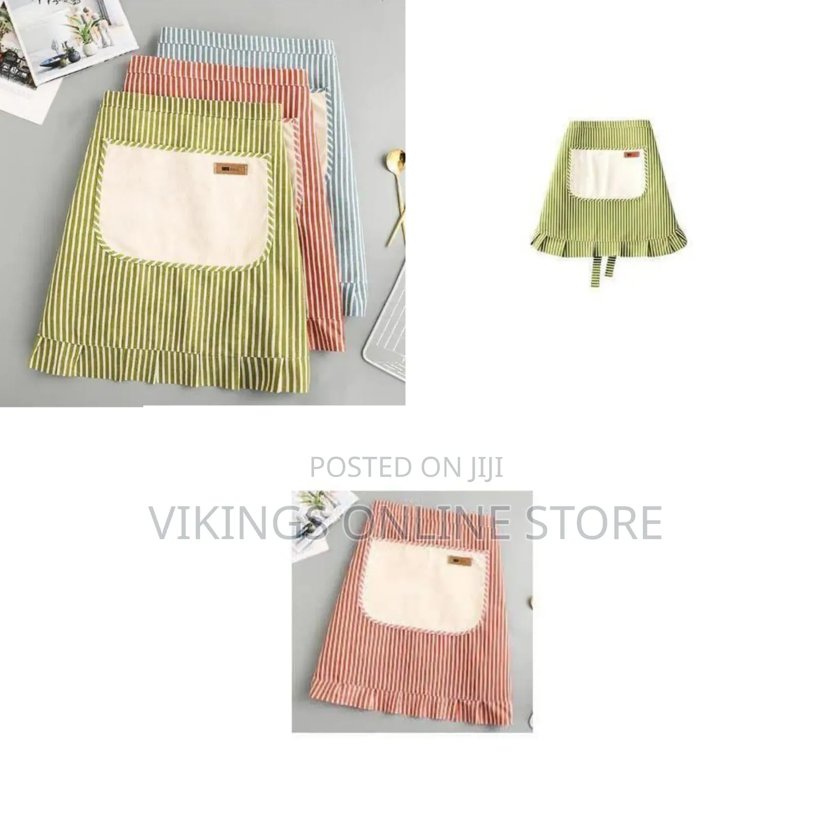 Half-Length Zipper Large Pocket Kitchen Cooking Apron Striped