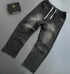 Men's Dark-Wash/Black Vintage Straight-Fit and Baggy Denim Jeans