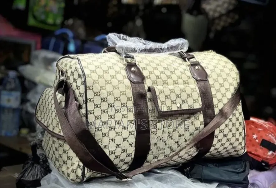 Beige and Brown Patterned Travel Duffel Bag