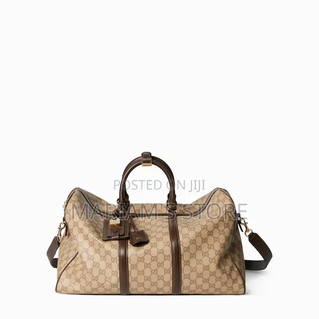 Beige and Brown Patterned Travel Duffel Bag