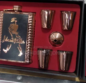 Johnnie Walker Stainless Steel Leather Hip Flask and Shot Glass Set