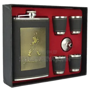 Johnnie Walker Stainless Steel Leather Hip Flask and Shot Glass Set