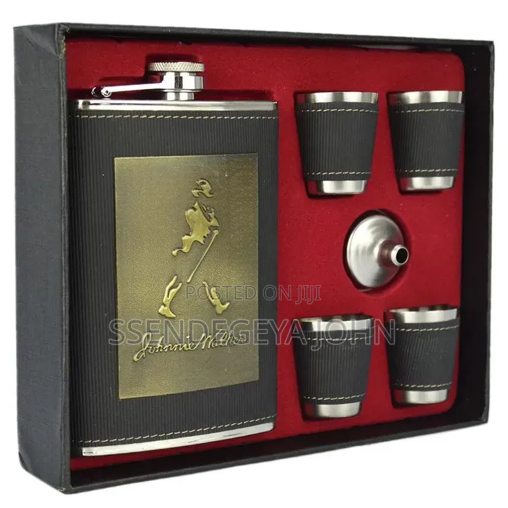 Johnnie Walker Stainless Steel Leather Hip Flask and Shot Glass Set