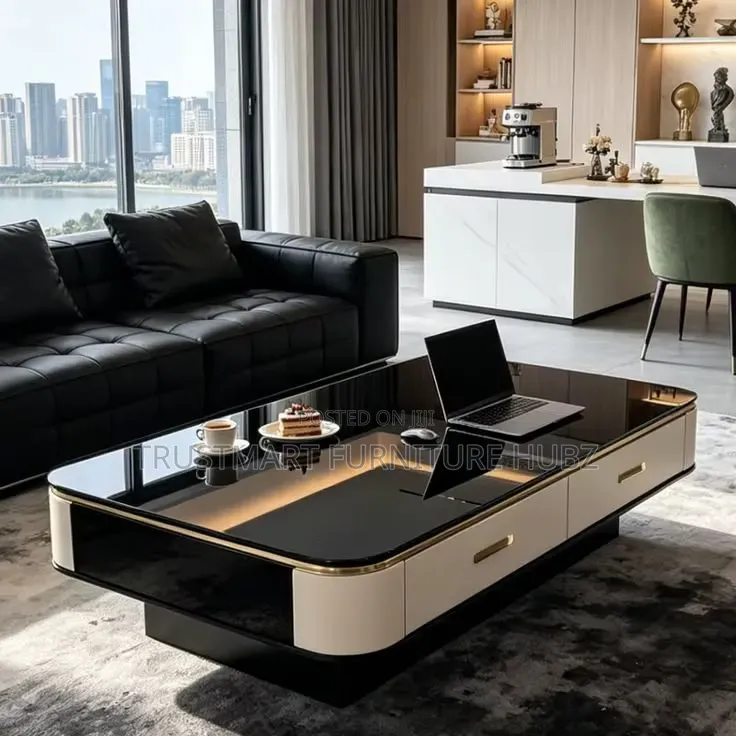 Rectangular Black, White, and Black Coffee Table With Storage Modern