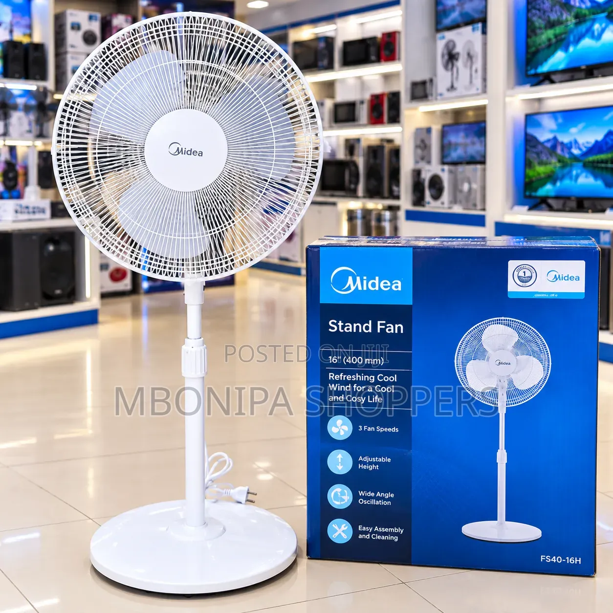 Midea 16-Inch Stand Fan – Adjustable Height, 3-Speed Cooling Fan