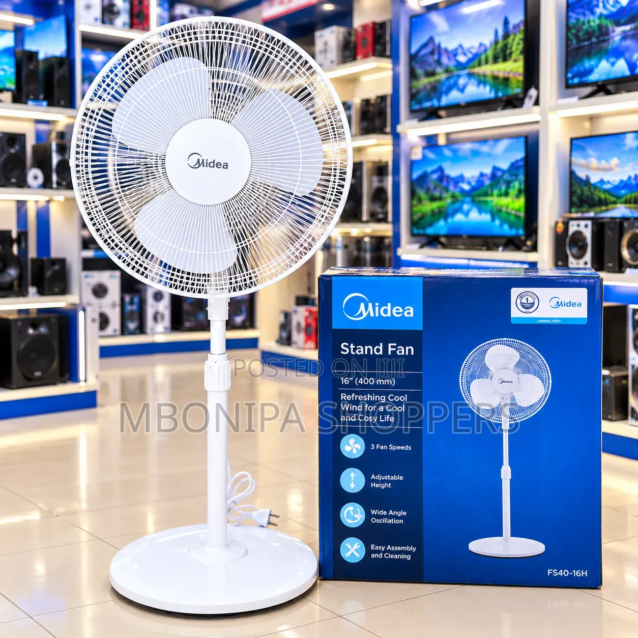 Midea 16-Inch Stand Fan – Adjustable Height, 3-Speed Cooling Fan