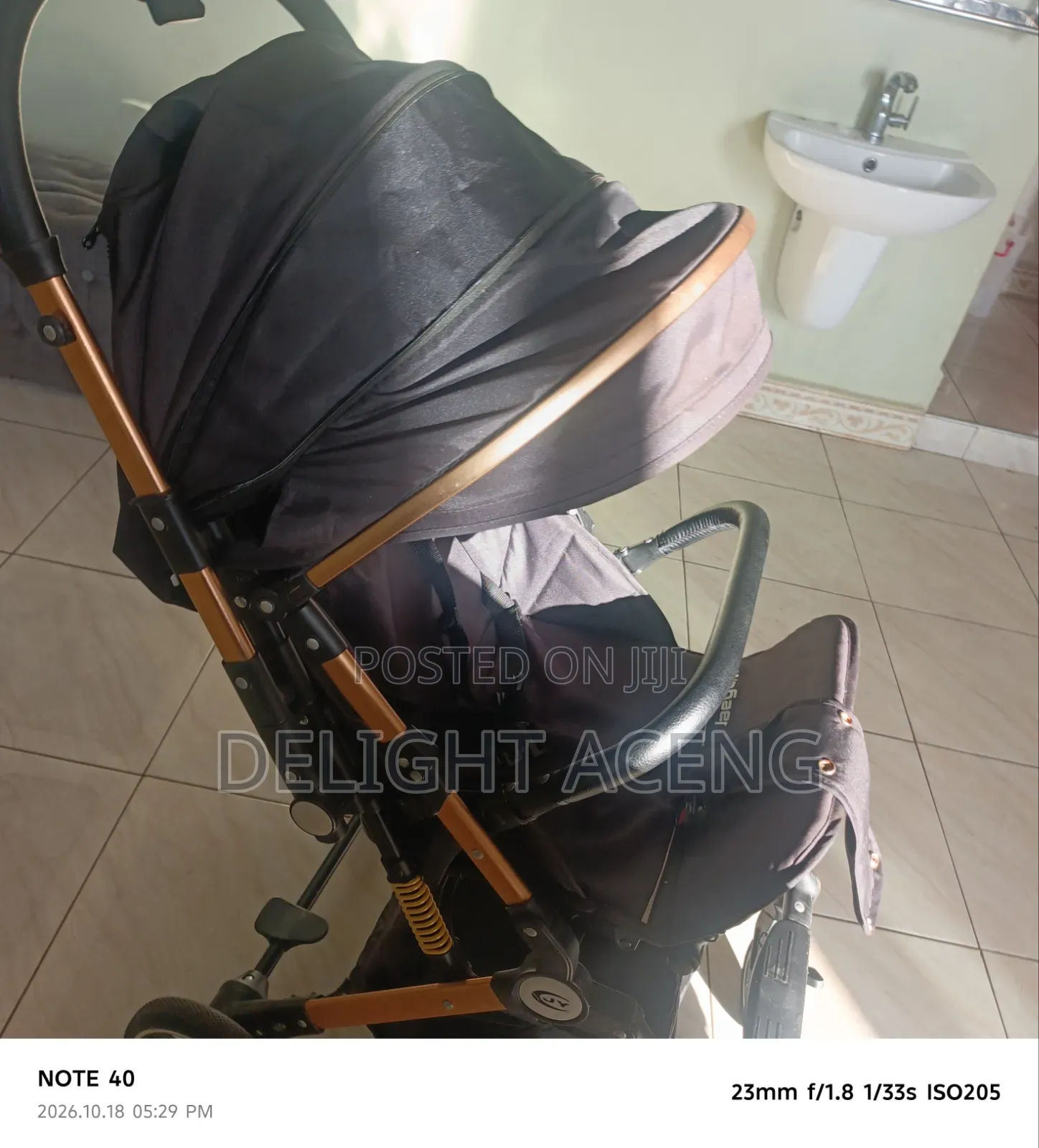 Luxury Baby Stroller- Foldable, Gold Frame, Reclines for Sleep, Strong