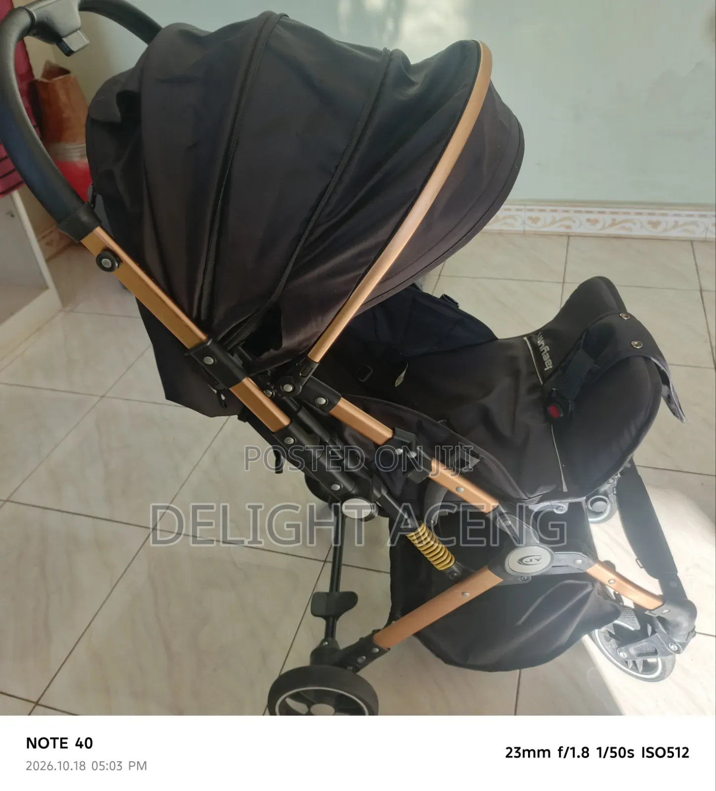 Luxury Baby Stroller- Foldable, Gold Frame, Reclines for Sleep, Strong